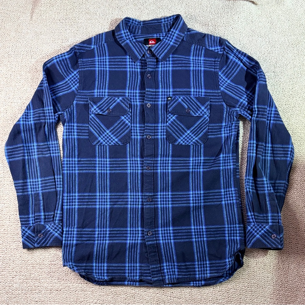 Quiksilver Men’s Blue Button Down Plaid Flannel, Size M, Thick Long Sleeve